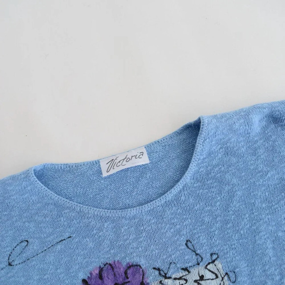 Vintage Victoria Blue with Purple Floral Knit Scoop Neck Cropped Sweater S - Picture 9 of 9
